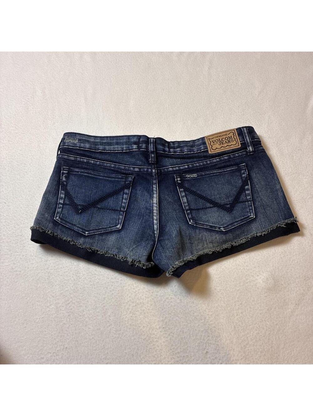 Volcom Size 9 Low rise mini micro shorts dark wash denim distressed frayed hem